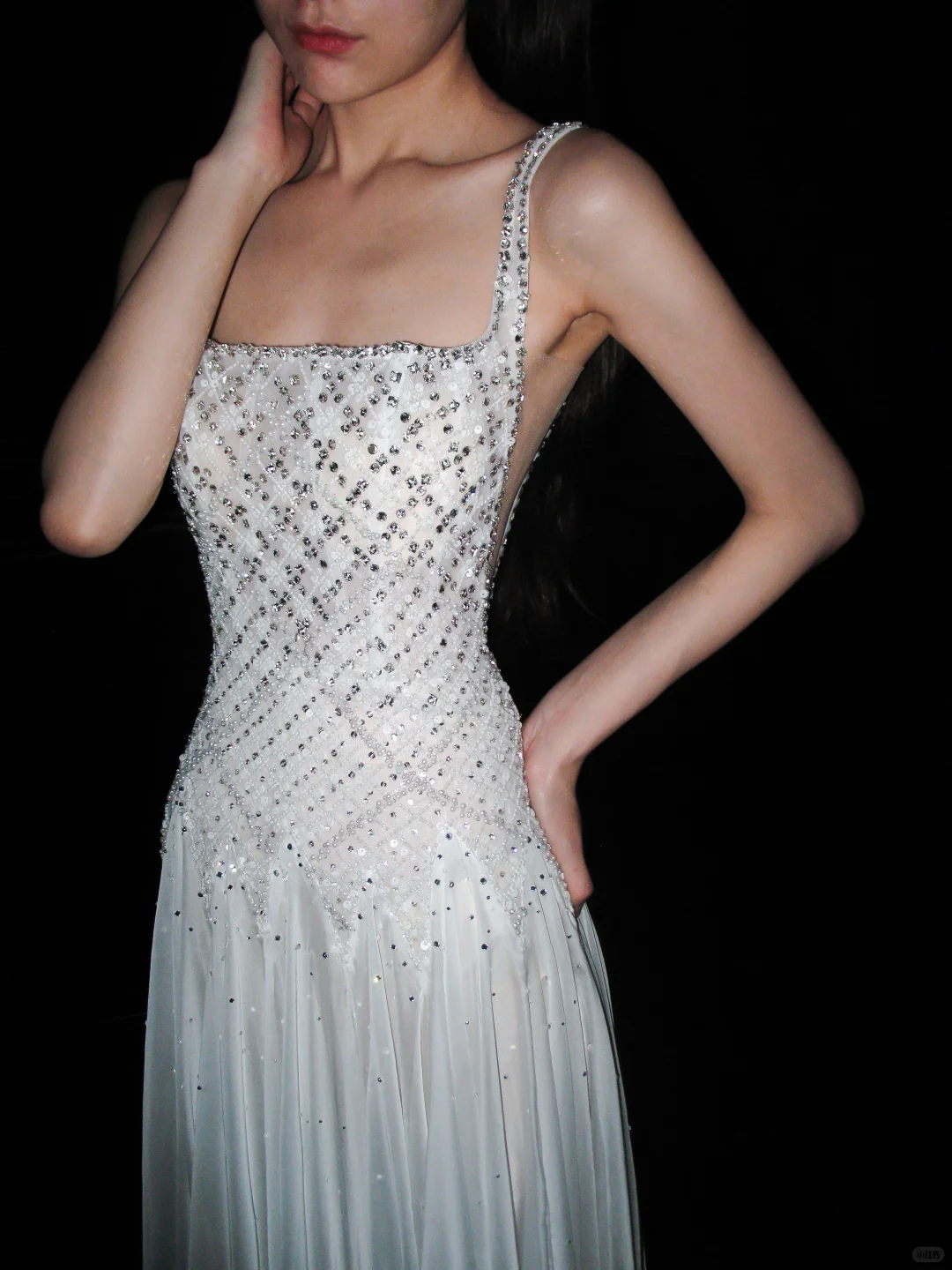 Shiny Exquisite Beaded Sequin A Line Straps White Chiffon Long Wedding Dress SH6628