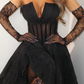 Sexy Black A Line Strapless Corset Organza Long Prom Dress Evening Dress with Slit SH6543