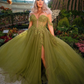 Fairy A Line Off the Shoulder Corset Appliques Green Tulle Prom Dress Evening Dress SH2180