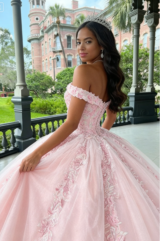 Pink Tulle Applique Long Prom Dress Quinceanera Dress Ball Gown SH970