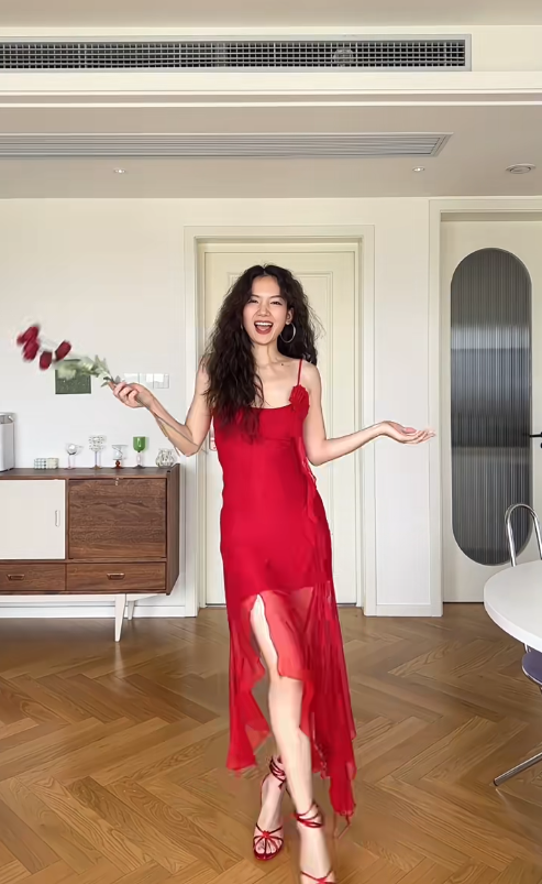 Flowy Red A Line Spaghetti Strap Chiffon Prom Dress Outfits with Slit SH4546