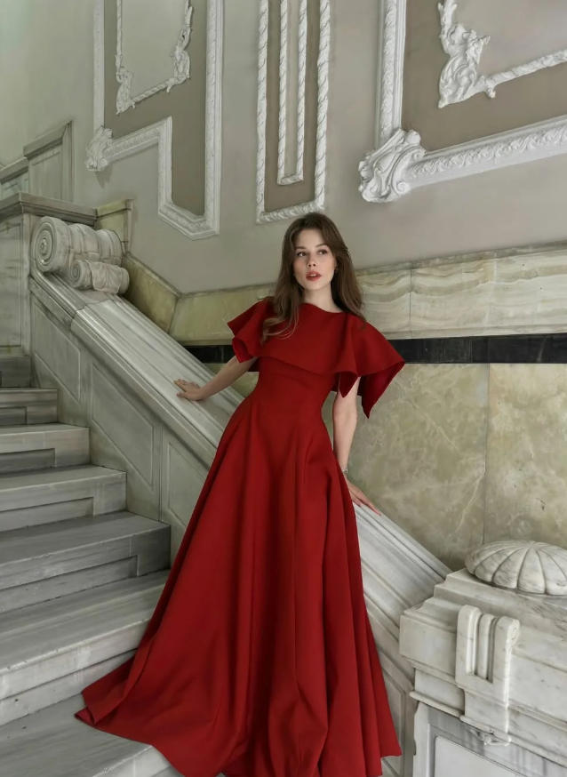 Red Classic A Line Simple Satin Long Prom Dress Wedding Guest Dress SH5398