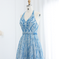 Blue A Line V Neck Sequin Beaded Tulle Long Prom Dress Evening Dress SH2375