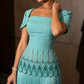 Elegant Lake Blue A Line Beaded Tassel Satin Prom Dress Evening Dress SH7257