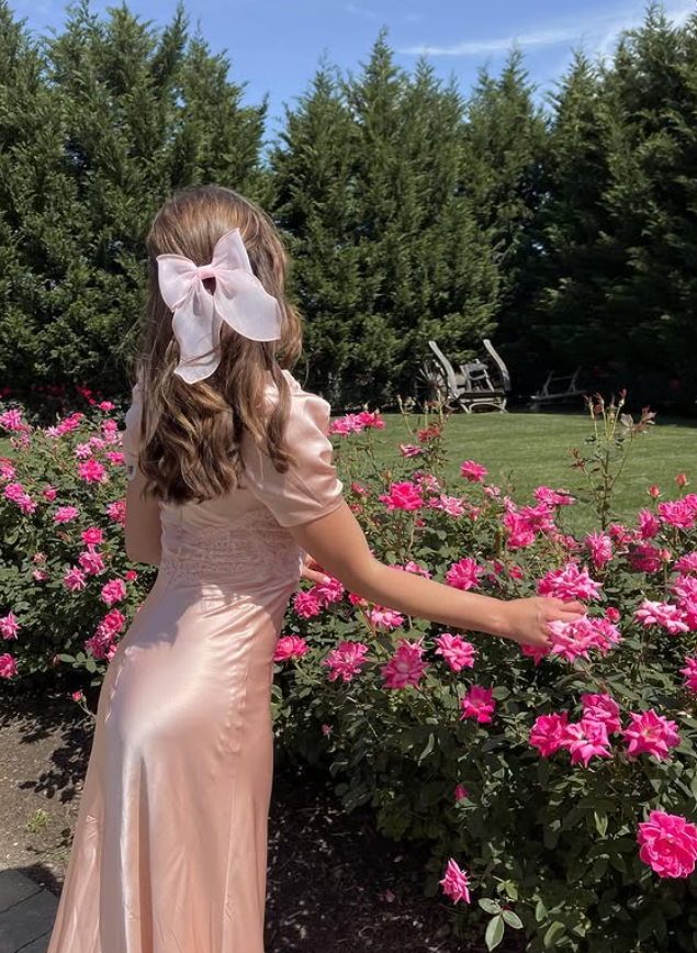 Gentle Light Pink A Line Puff Lace Satin Prom Dress Outfits SH4866