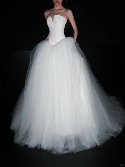 Classic Ball Gown Strapless White Satin Tulle Long Wedding Dress SH6667