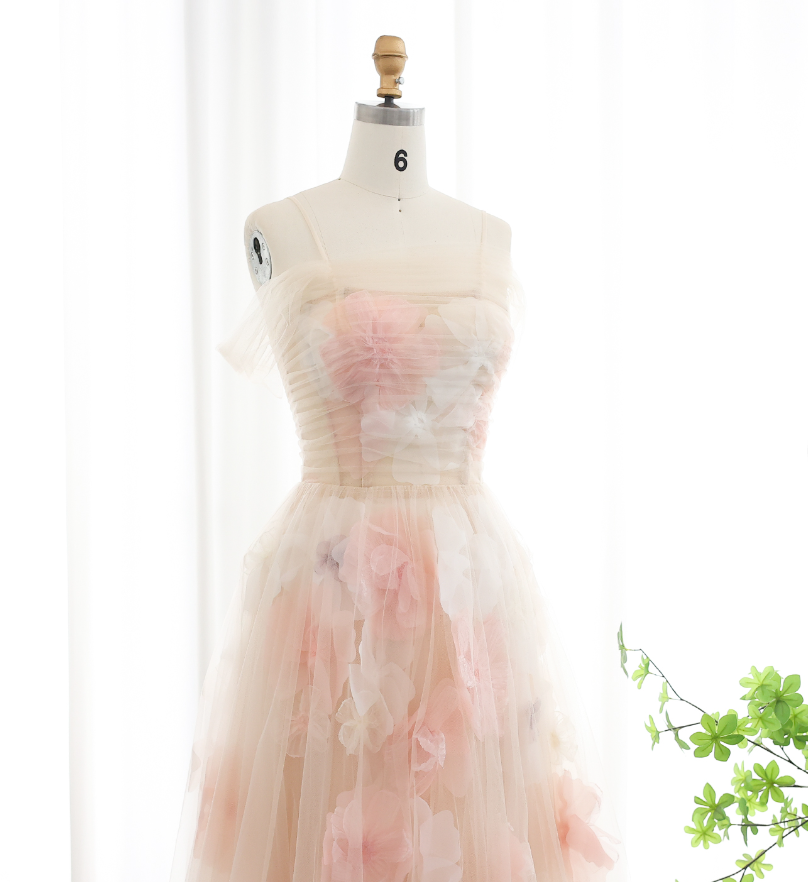 Dreamy A Line Off the Shoulder 3D Flower Tulle Prom Dress Evening Dress SH2379