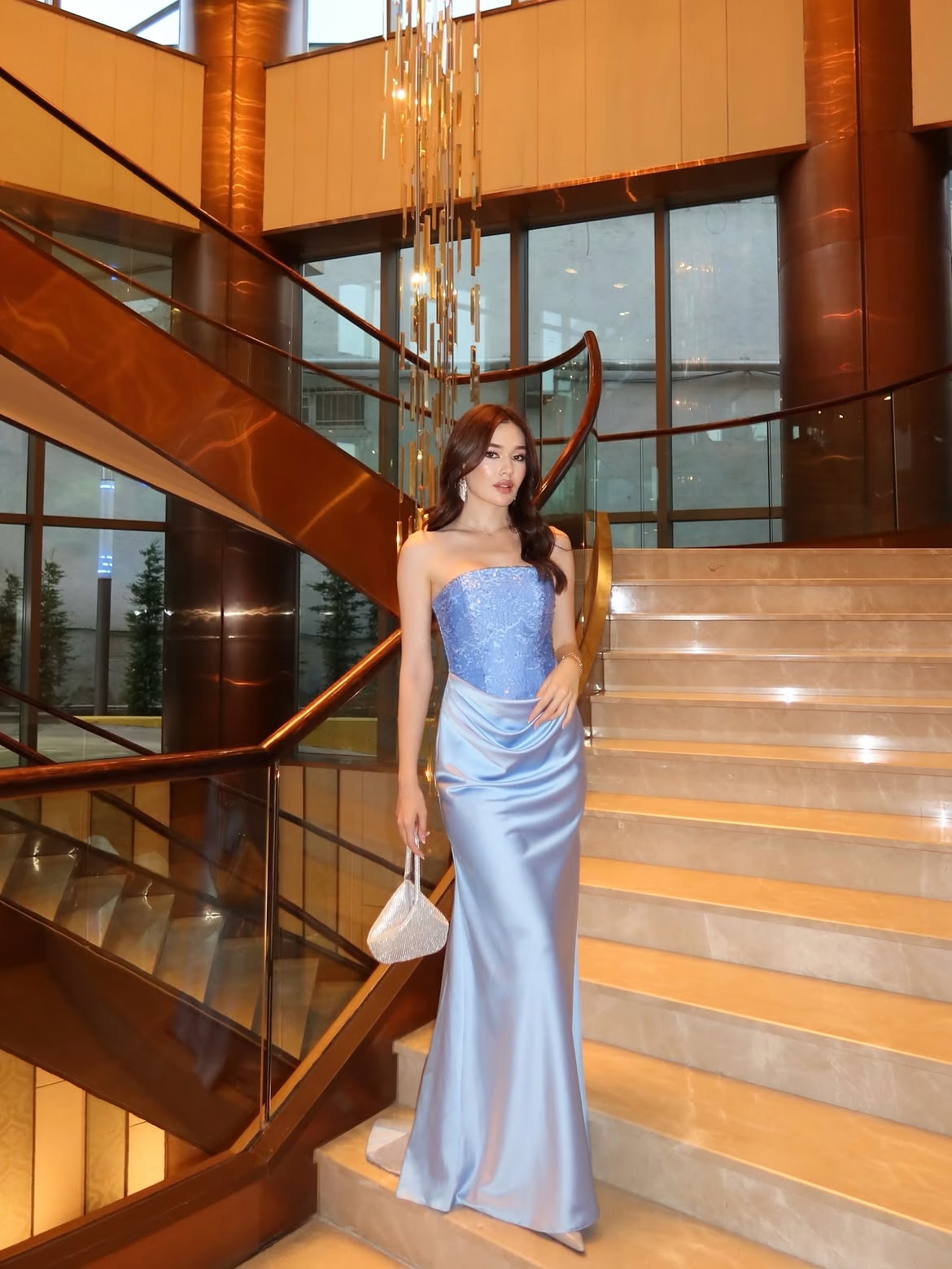 Blue Mermaid Strapless Sequin Lace Satin Long Prom Dress Evening Dress SH8553