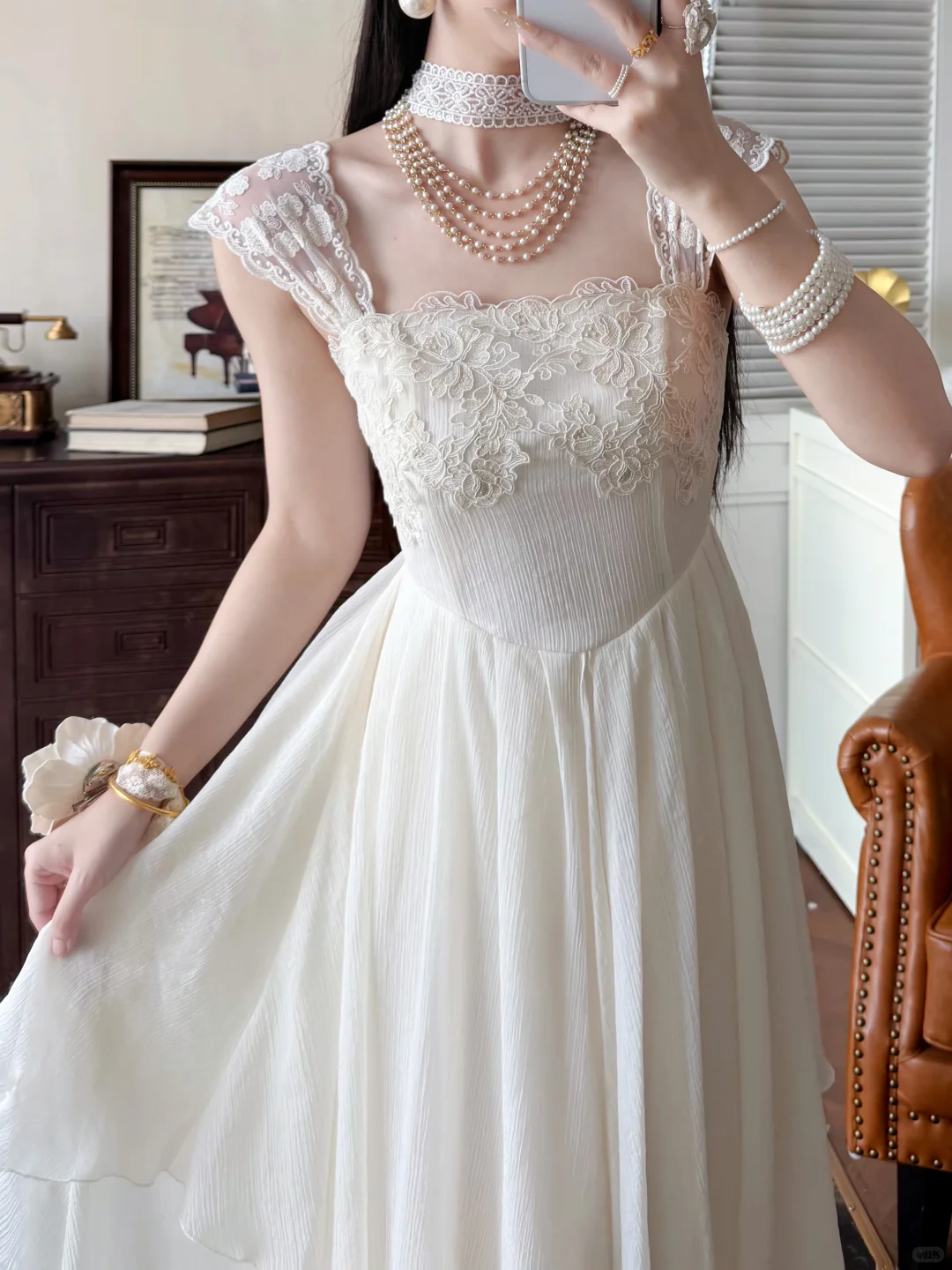 Gentle White A Line Straps Lace Chiffon Prom Dress Evening Dress SH6767