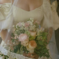 Vintage Ivory A Line Puff Sleeve Bow Satin Long Wedding Dress SH6096