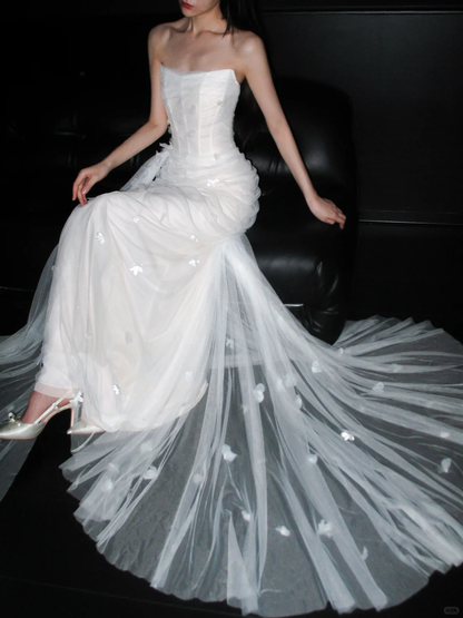 Charming Sheath Strapless 3D Floral White Tulle Long Wedding Dress SH5963