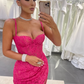 Sexy Hot Pink Sheath Straps Lace Long Prom Dress Date Dress with Slit SH5567
