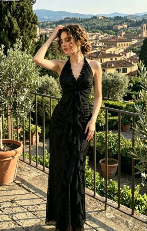 Vintage Mermaid Halter Sleeveless Long Black Lace Evening Dress Prom Dresses SH3093