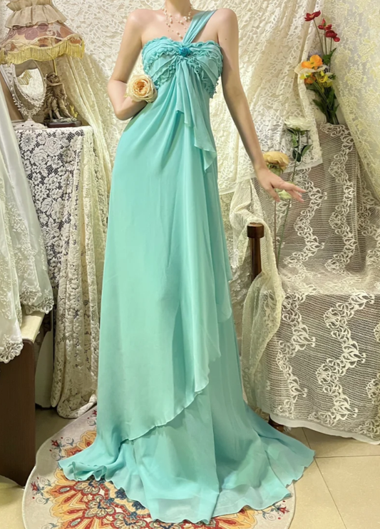 Gentle Blue A Line One Shoulder Ruffle Chiffon Long Prom Dresses SH4631