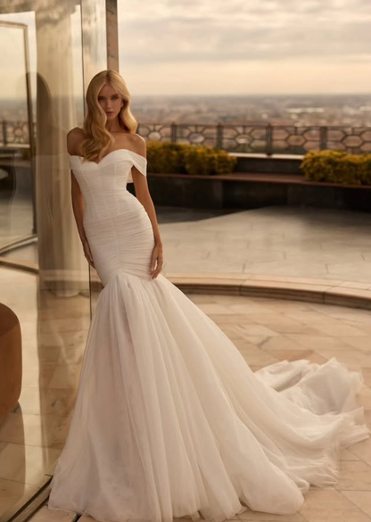 Stunning Mermaid Off the Shoulder White Tulle Long Train Wedding Dress SH7151