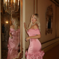 Elegant Mermaid Off the Shoulder Bow Pink Satin Long Prom Dress Evening Dress SH1933