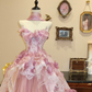 Pink A Line Strapless Beaded Floral Tulle Lace Long Prom Dress Evening Dress SH7381