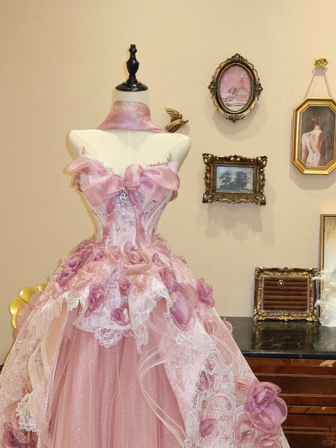 Pink A Line Strapless Beaded Floral Tulle Lace Long Prom Dress Evening Dress SH7381