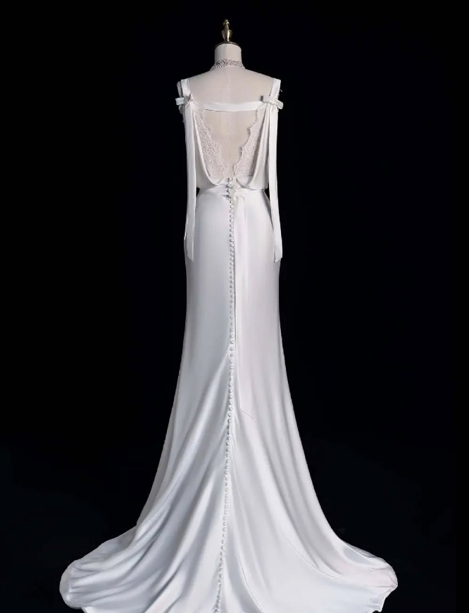 Elegant Sheath Spaghetti Strap Lace Satin Long Sweep Prom Dress Graduation Prom Dress SH2567