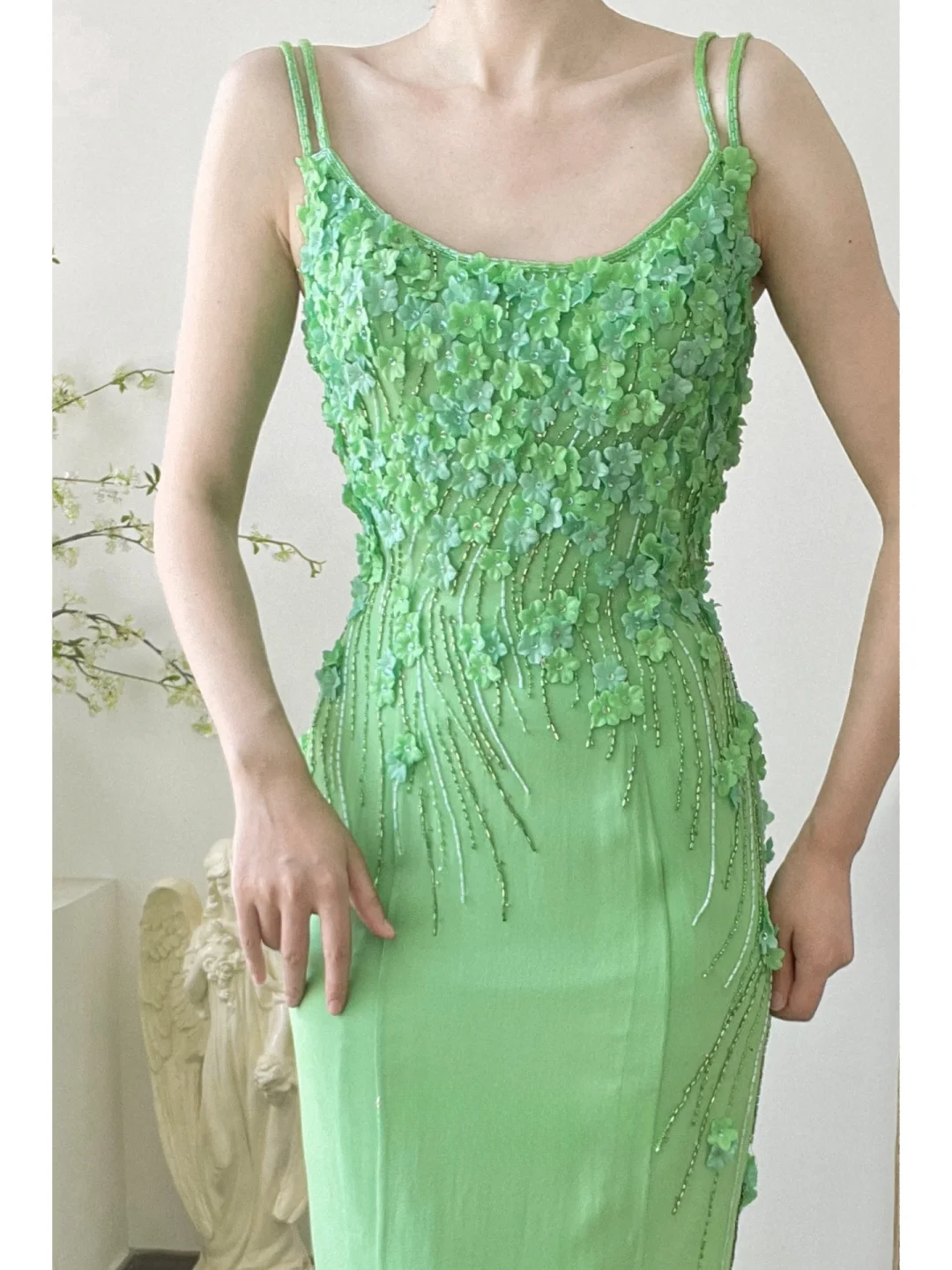 Exquisite Green Sheath Spaghetti Strap 3D Floral Beaded Chiffon Long P