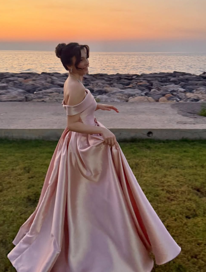 Simple A Line Off the Shoulder Pink Satin Long Prom Dress Evening Dress SH6054