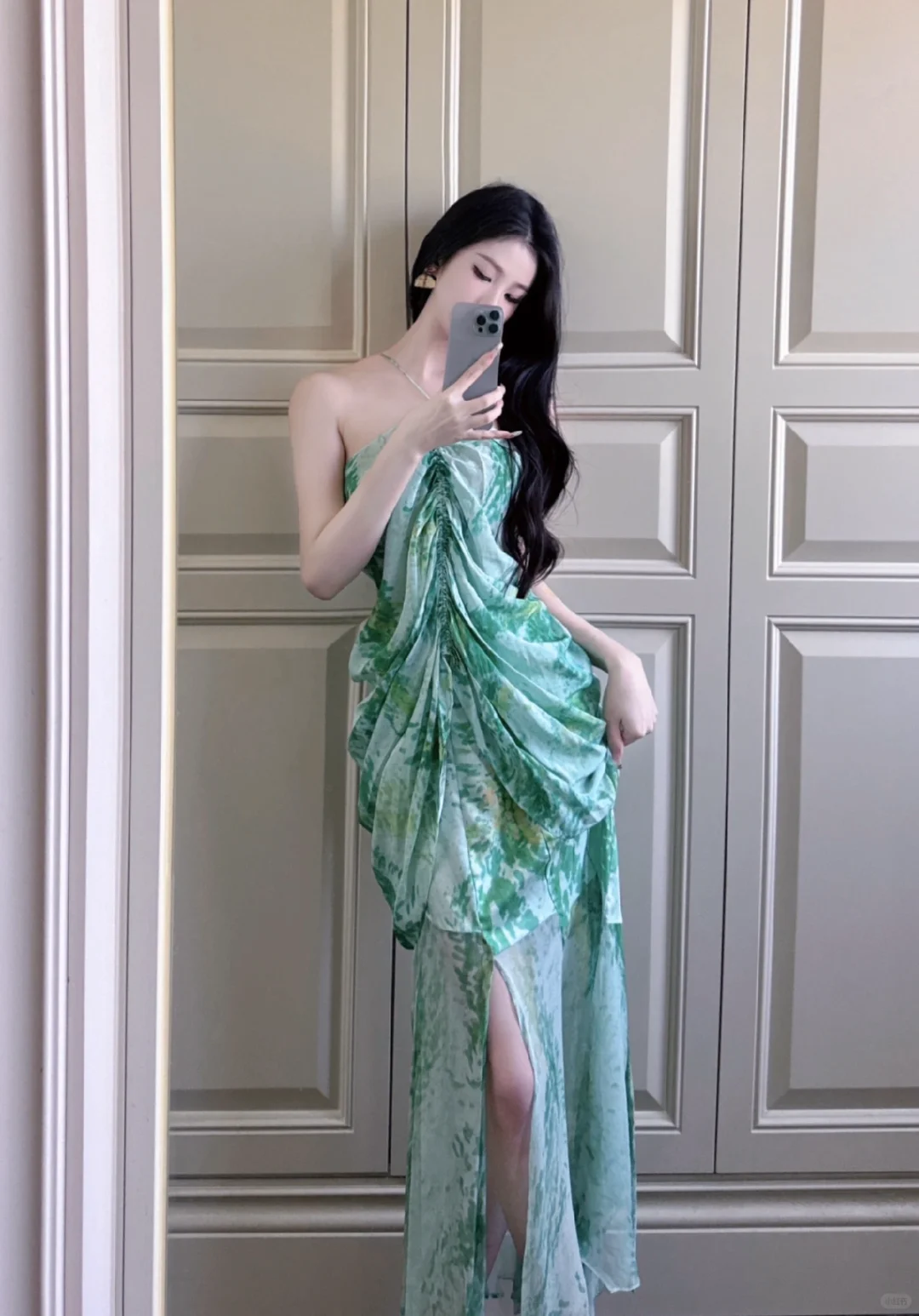 Green Sheath Halter Print Floral Chiffon Vacation Dresses Outfits SH5050