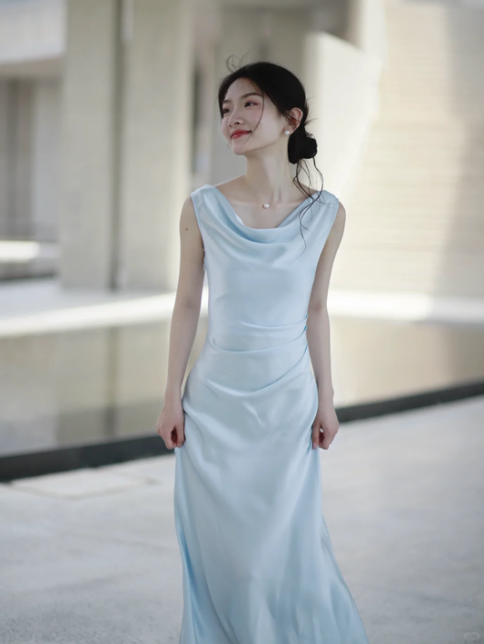 Gentle Baby Blue Sheath Straps Pleated Satin Prom Dress Evening Dress SH4215