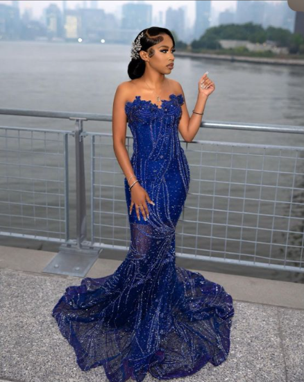 Elegant Royal Blue Sequin Beaded Appliques Mermaid Prom Dress Evening – shinydress