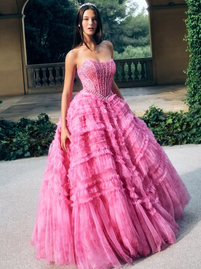 Princess Pink Ball Gown Strapless Beaded Corset Tulle Long Prom Dress Date Dress SH6510