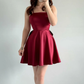 Simple Burgundy A Line Spaghetti Straps Bow Satin Short Prom Dress Homecoming Dress SH6011