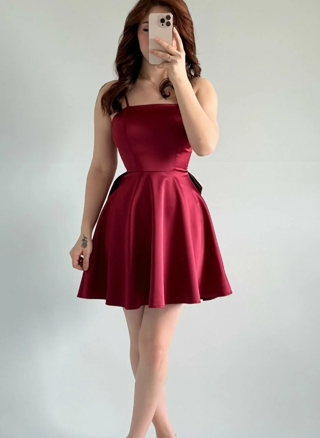 Simple Burgundy A Line Spaghetti Straps Bow Satin Short Prom Dress Homecoming Dress SH6011