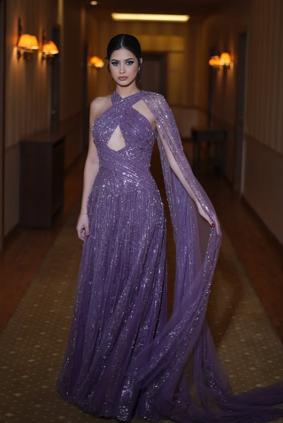 Stunning Purple A Line Halter Sequin Tulle Prom Dress Evening Dress SH6530
