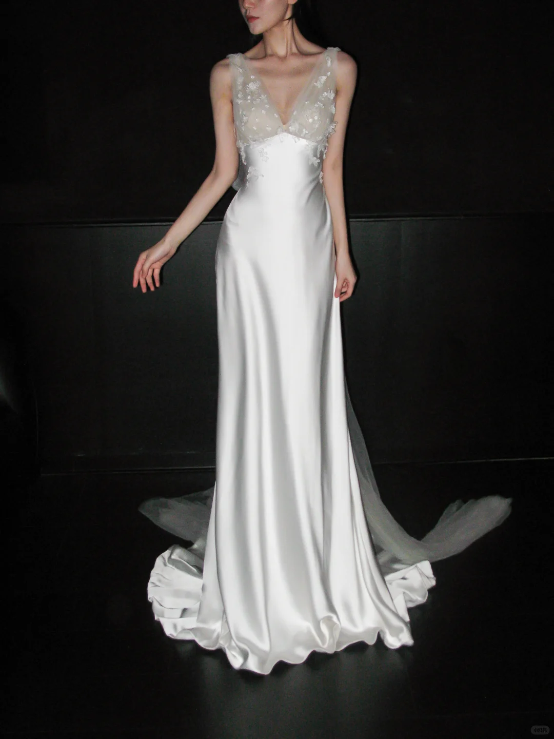 Romantic A Line V Neck 3D Floral Satin Tulle Long Wedding Dress SH5967