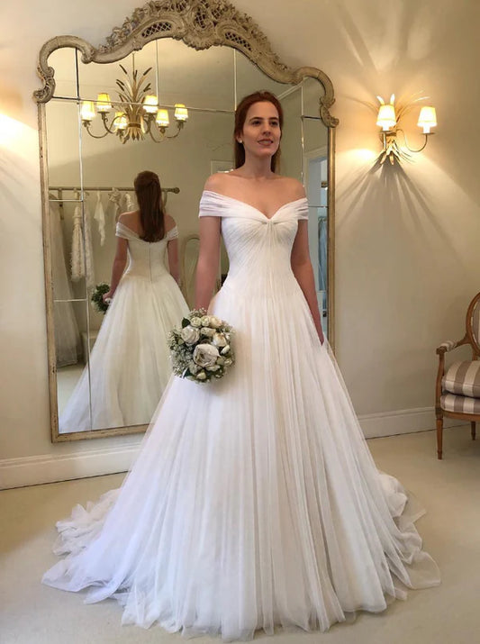 White Elegant A Line V Neck Pleated Tulle Long Wedding Dress SH5310