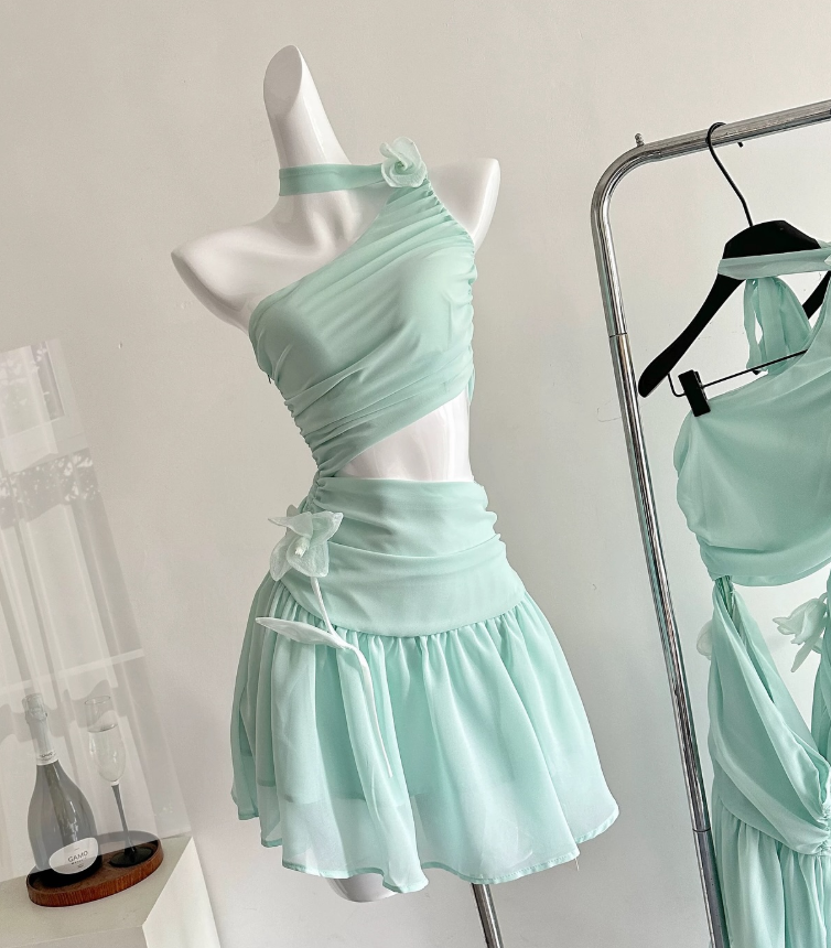 Mint Green A Line Halter Flower Chiffon Short Homecoming Dress Cocktail Dress SH3050