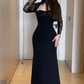 Two Piece Mermaid Long Sleeve Black Lace Satin Long Prom Dress Evening Dress SH7308