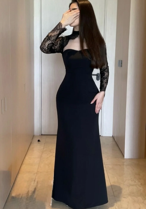 Two Piece Mermaid Long Sleeve Black Lace Satin Long Prom Dress Evening Dress SH7308