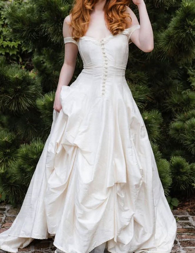 Retro Ivory A Line Off the Shoulder Pleated Satin Wedding Dress SH6085