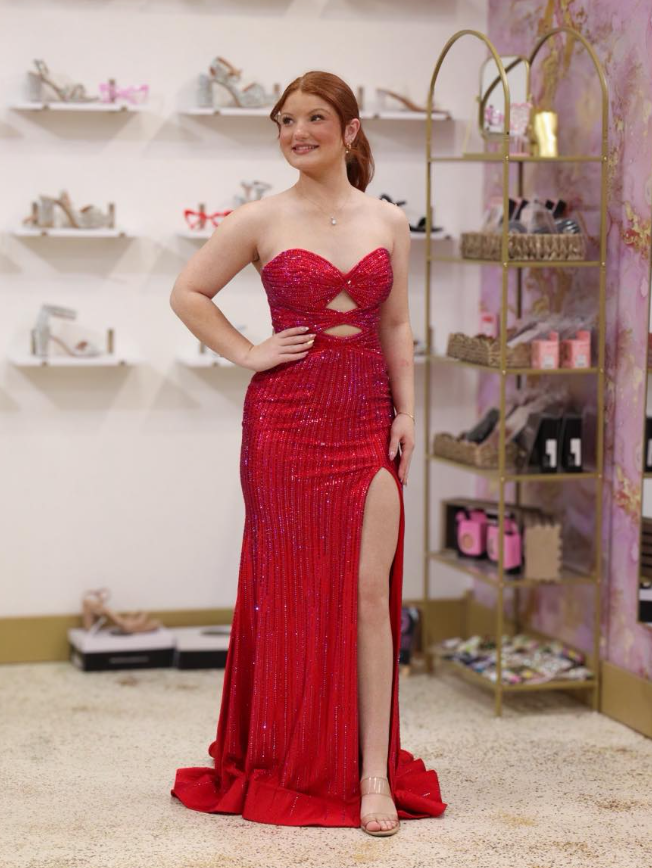 Sexy Red Sheath Sweetheart Neck Beaded Satin Slit Prom Dress Party Evening Dress SH7240