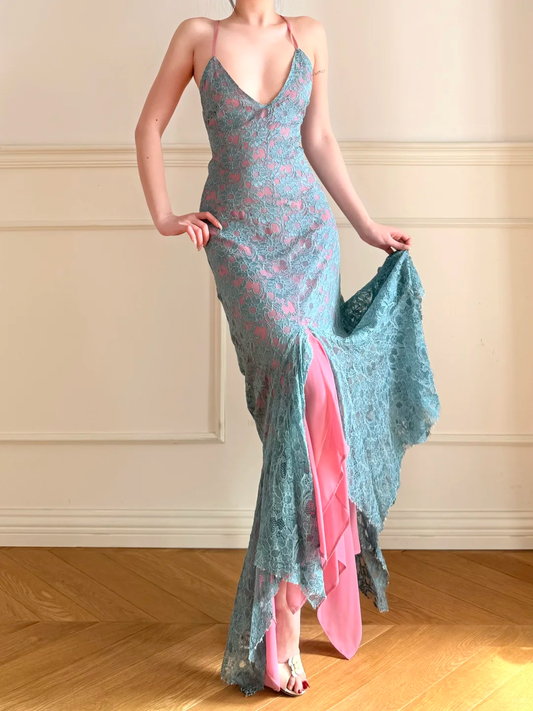 Sexy Mermaid Straps Blue Lace Pink Chiffon Long Prom Dress Wedding Guest Dress SH5504