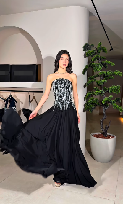 Stunning Beading A Line Strapless Black Satin Long Prom Dress Evening Dress SH6747