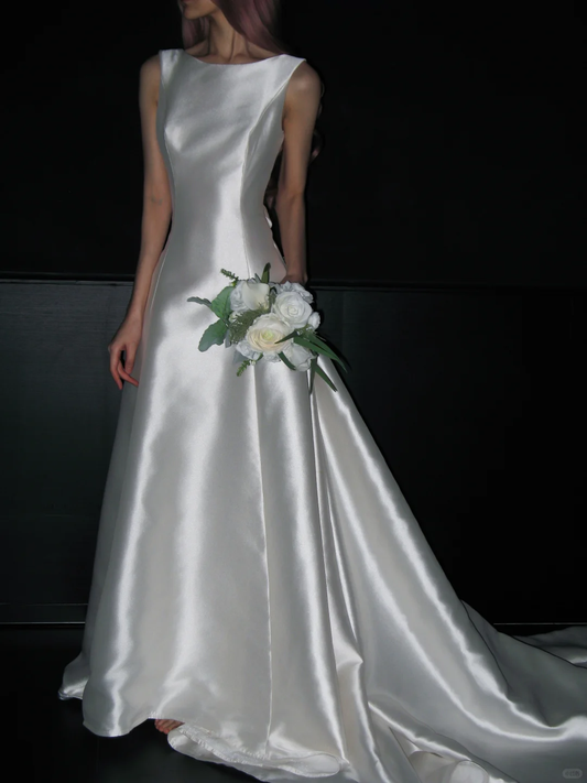 Simple Open Back A Line Round Neck White Satin Long Wedding Dress SH4715