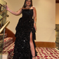 Sexy A Line Strapless Tiered Black Sequin Long Prom Dress Graduation Prom Dress with Slit SH2601