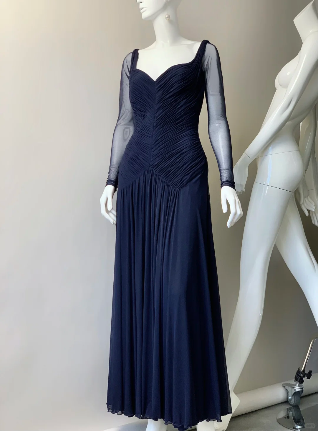 Navy Blue A Line Long Sleeve Tulle Prom Dress Evening Dress SH5131