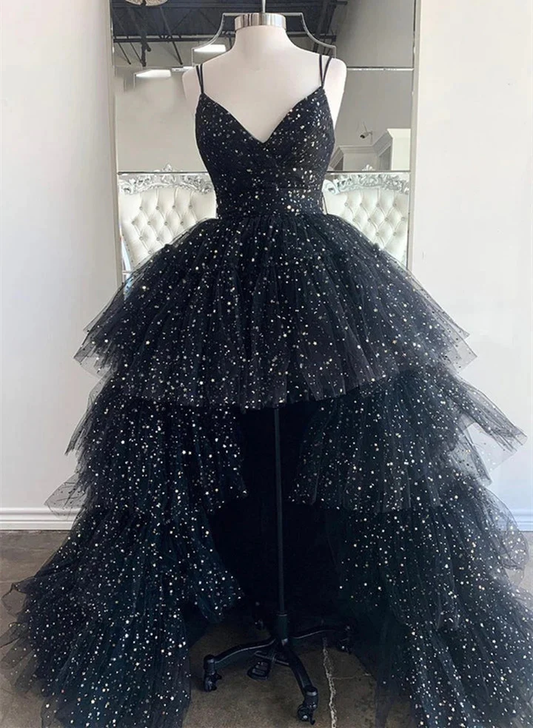 Shiny High Low Black Long Formal Dresses V Neckline Tulle Layered Prom Dresses SH826