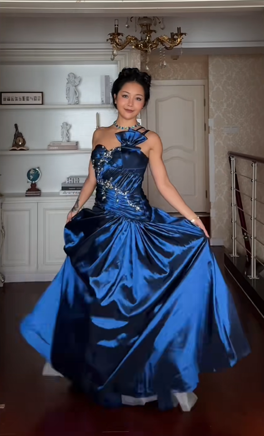 Vintage Royal Blue A Line Spaghetti Straps Bow Beaded Satin Prom Dress Graduation Prom Dress SH5189