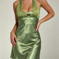 Green A Line Halter Chiffon Satin Open Back Short Homecoming Dress Outfits Dress SH3552