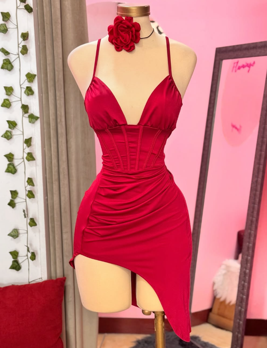 Sexy Sheath Spaghetti Strap Corset Red Satin Short Homecoming Dress SH3256