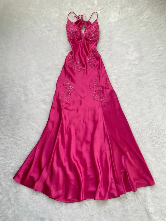 Sexy Spaghetti Straps Hot Pink Satin Beaded Backless Prom Dress Evening Gown SH1521