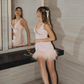 Light Pink A Line V Neck Feather Beaded Satin Short Prom Dress  Hoco Dress SH5512
